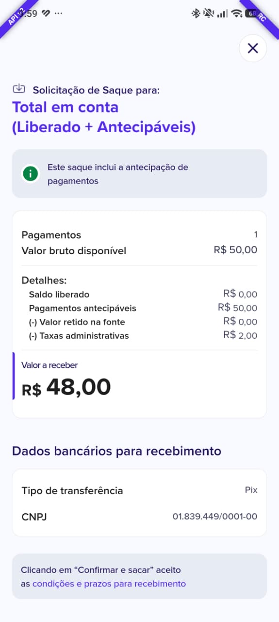 App Sinaxys: detalhes e confirmação de saque
